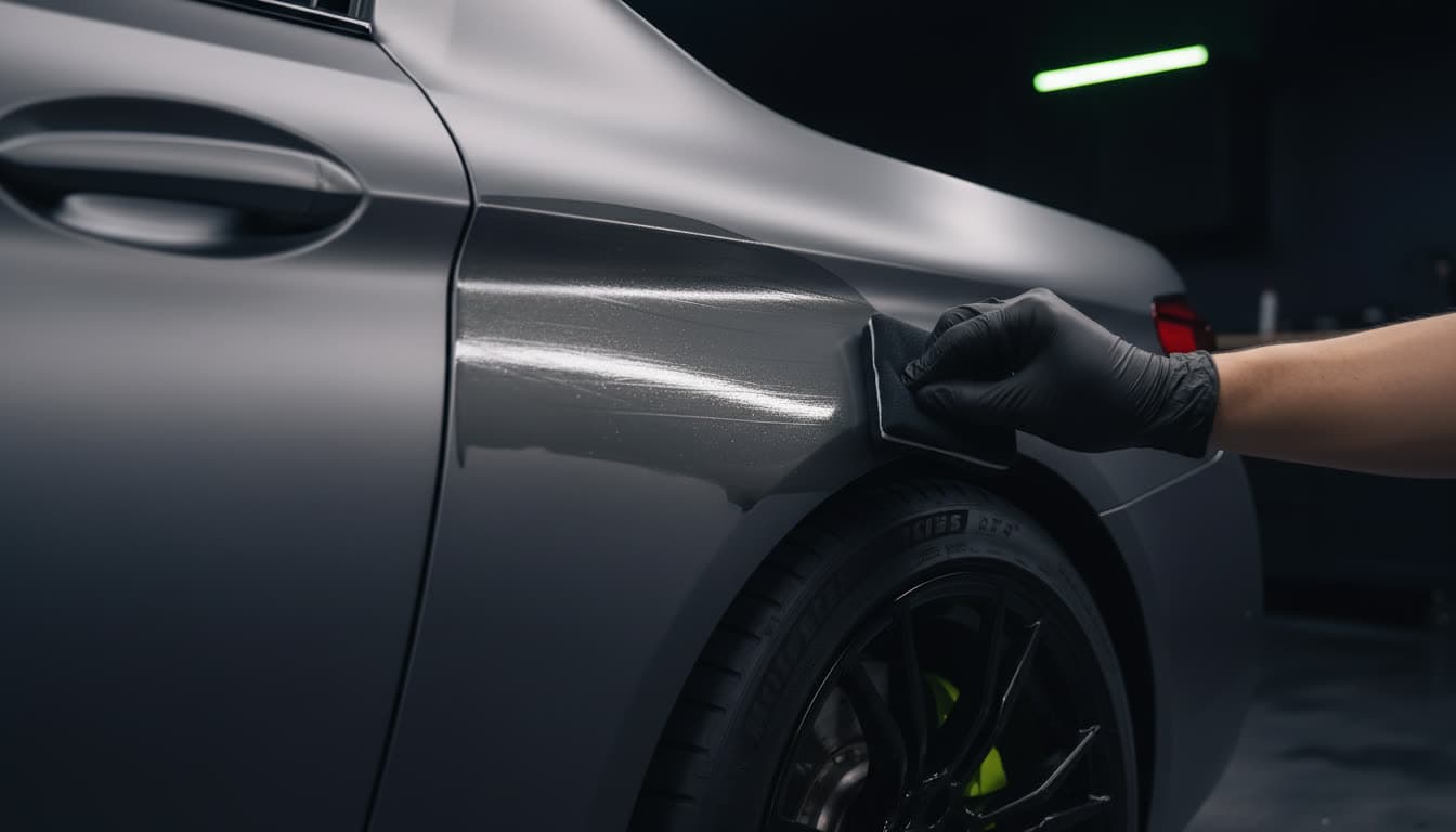 Gloved hands applying ceramic coating to a vehicle panel