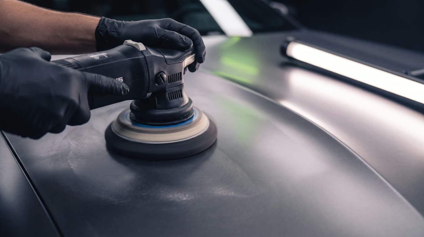 Detailer hand-polishing a vehicle panel to a mirror finish